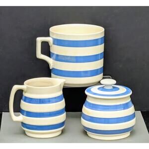 Staffordshire Cornishware Blue White Striped Mug, Sugar Bowl Jug Vintage Lot 3